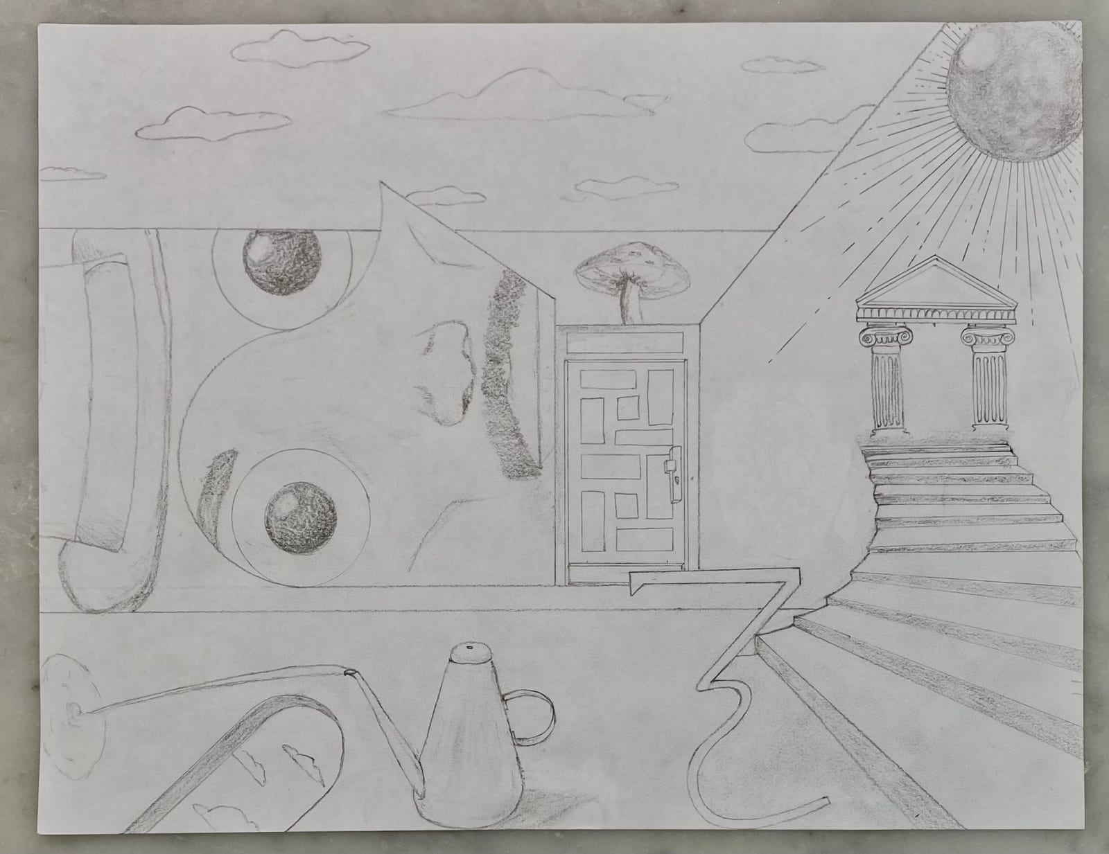 Graphite drawing with a door, stairs, columns, clouds, and a sun.