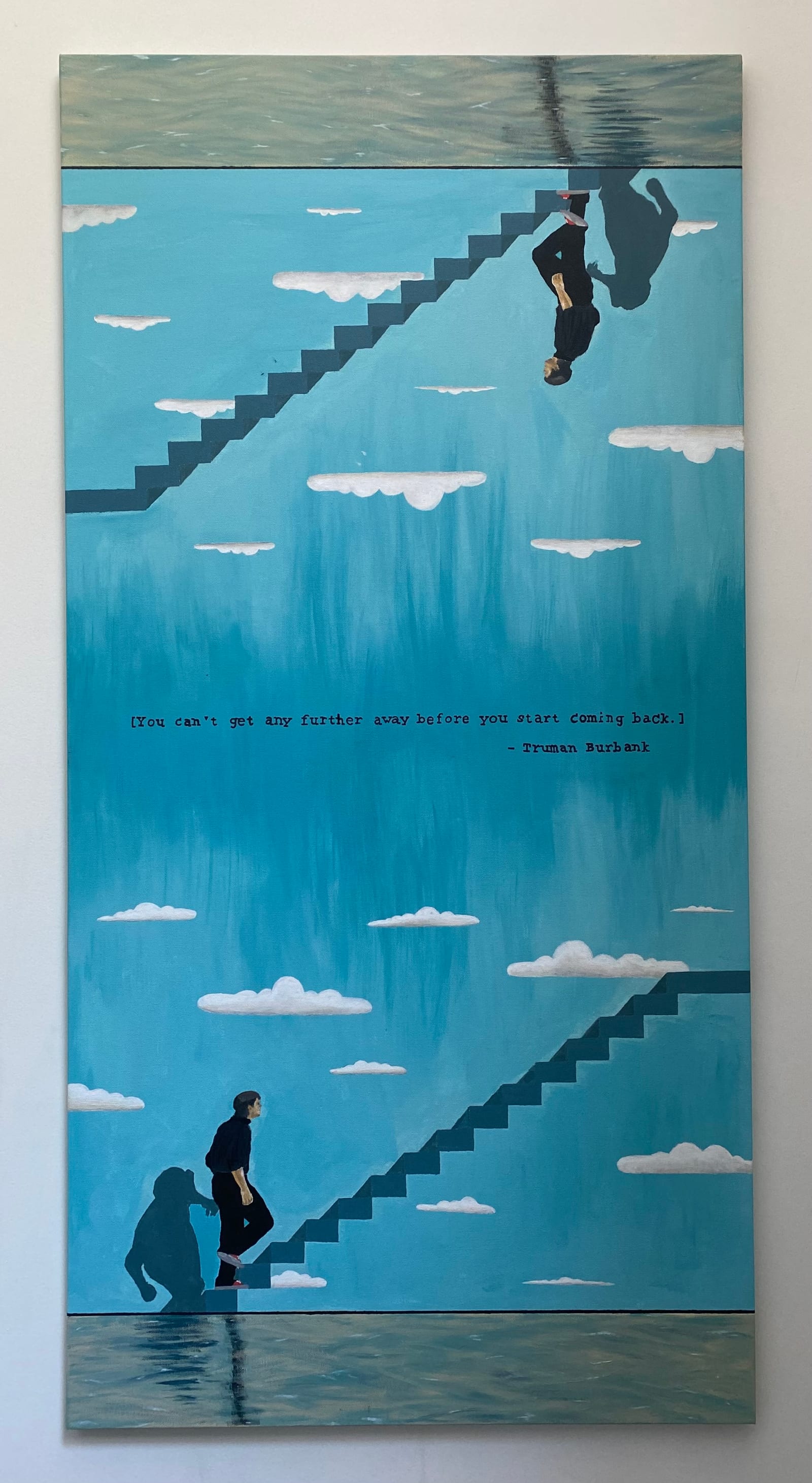 Painting of a figure moving along stairs between mirrored sky and water.