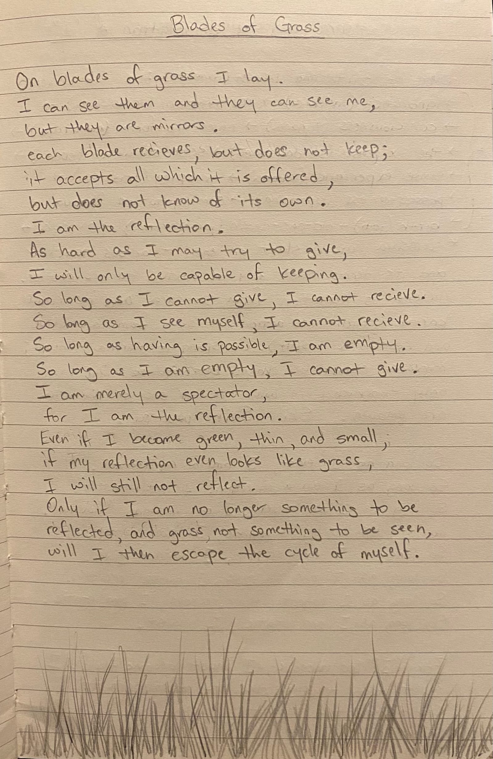Handwritten poem photographed on notebook paper.