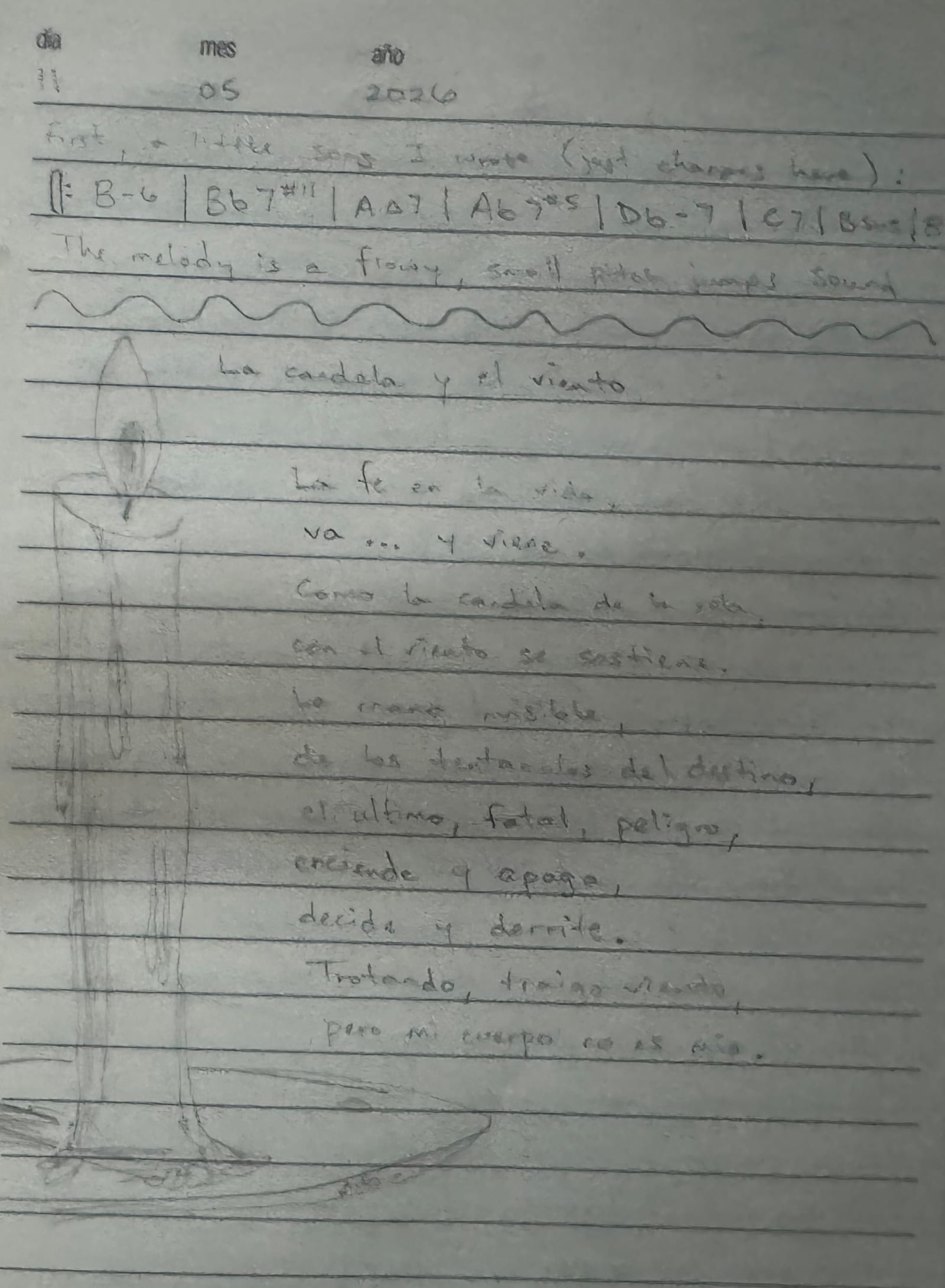 Handwritten Spanish poem on notebook paper.