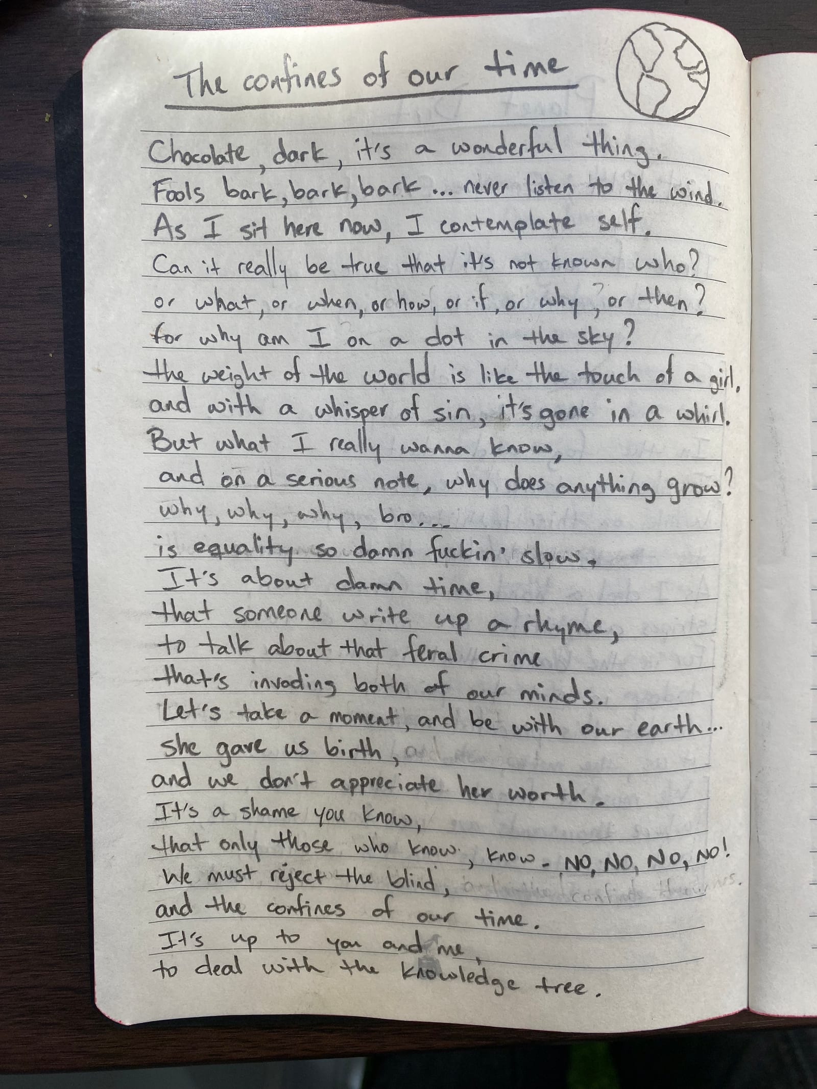 Handwritten poem photographed on notebook paper.
