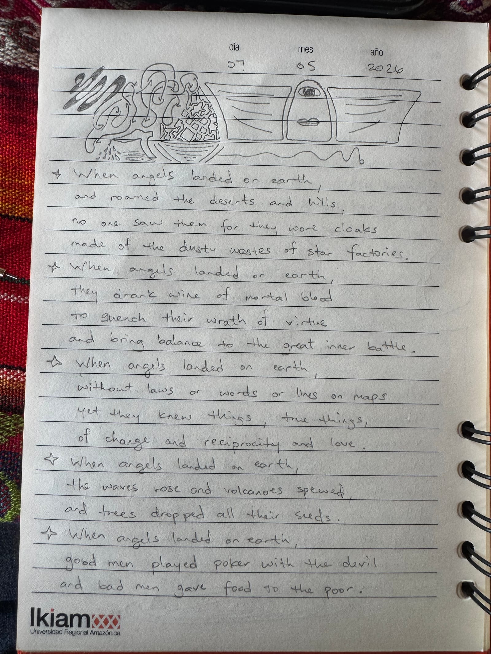 Handwritten poem photographed on notebook paper.